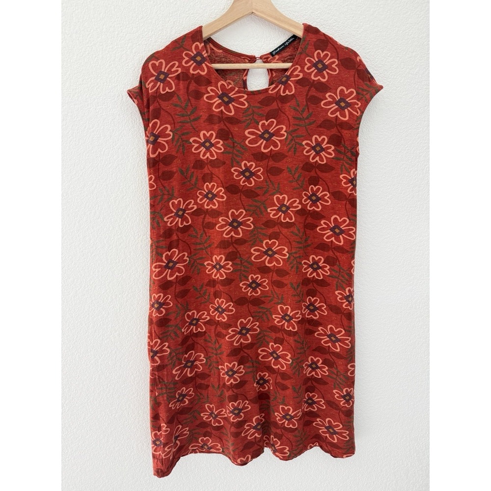 Gudrun Sjoden Floral Cap Sleeve Jersey Stretch Dress Small Red Pockets Boho